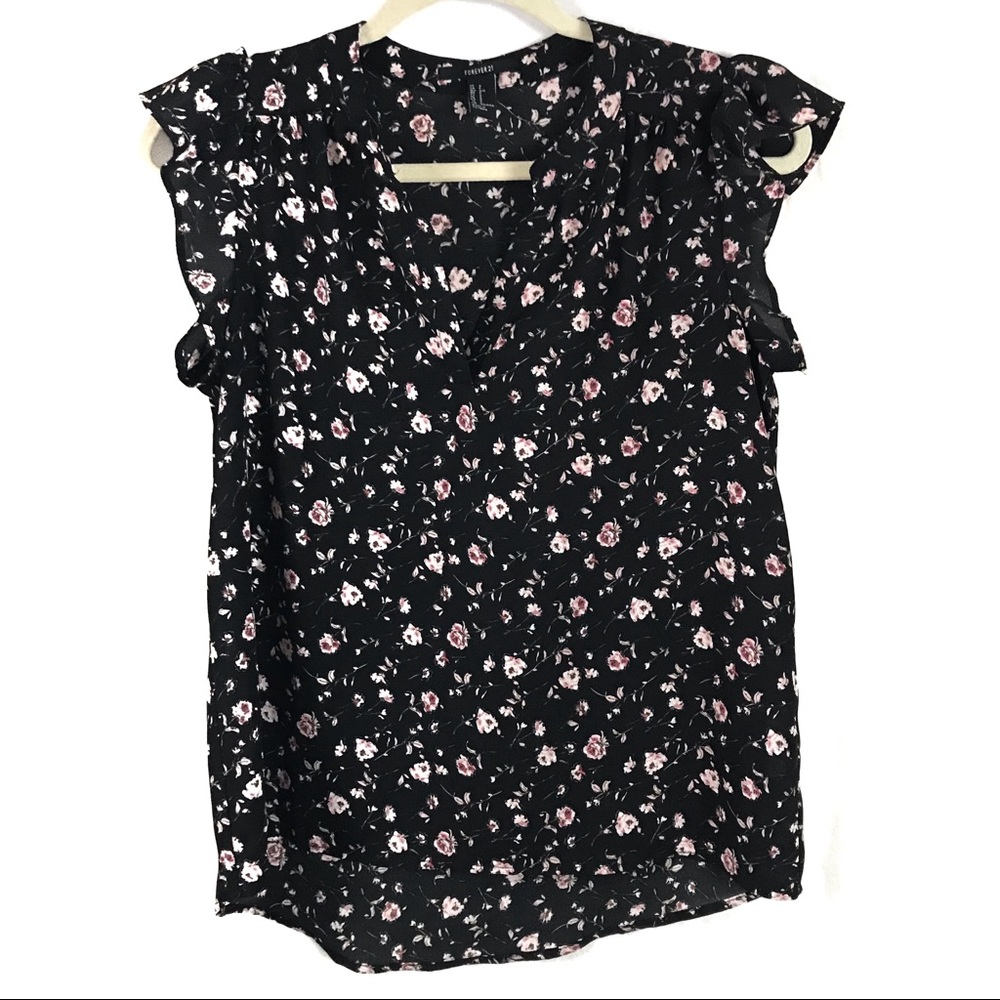 Forever 21 Floral Top Ruffle Sleeves Size Medium